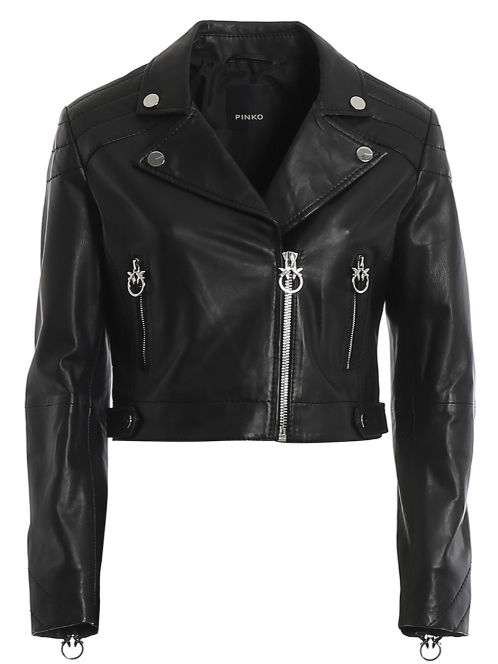 NWT Pinko Black Nappa Leather Moto Biker Jacket Silver Lovebird Hardware size 8